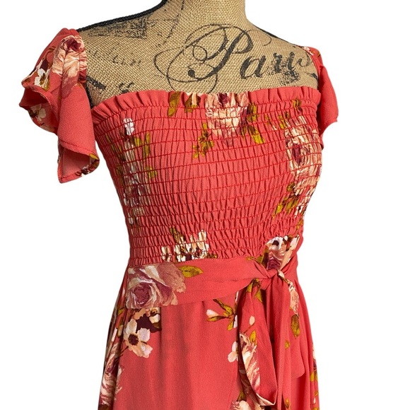 Privy Rose Floral Smocked High Low Wrap Style Flowy Front Tie Summer Sundress - Picture 2 of 11
